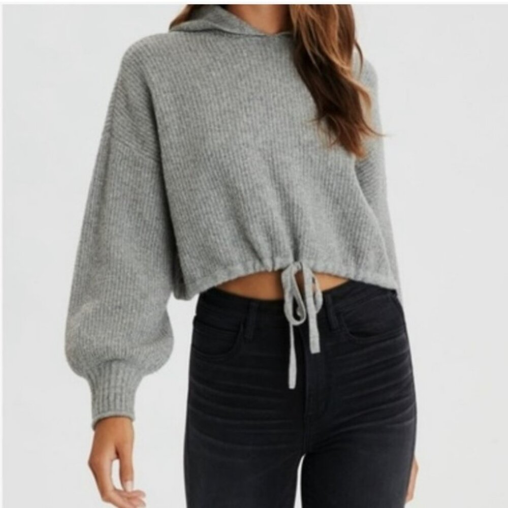 American Eagle Gray Balloon Drop Sleeve Cropped Knit Hoodie Size S